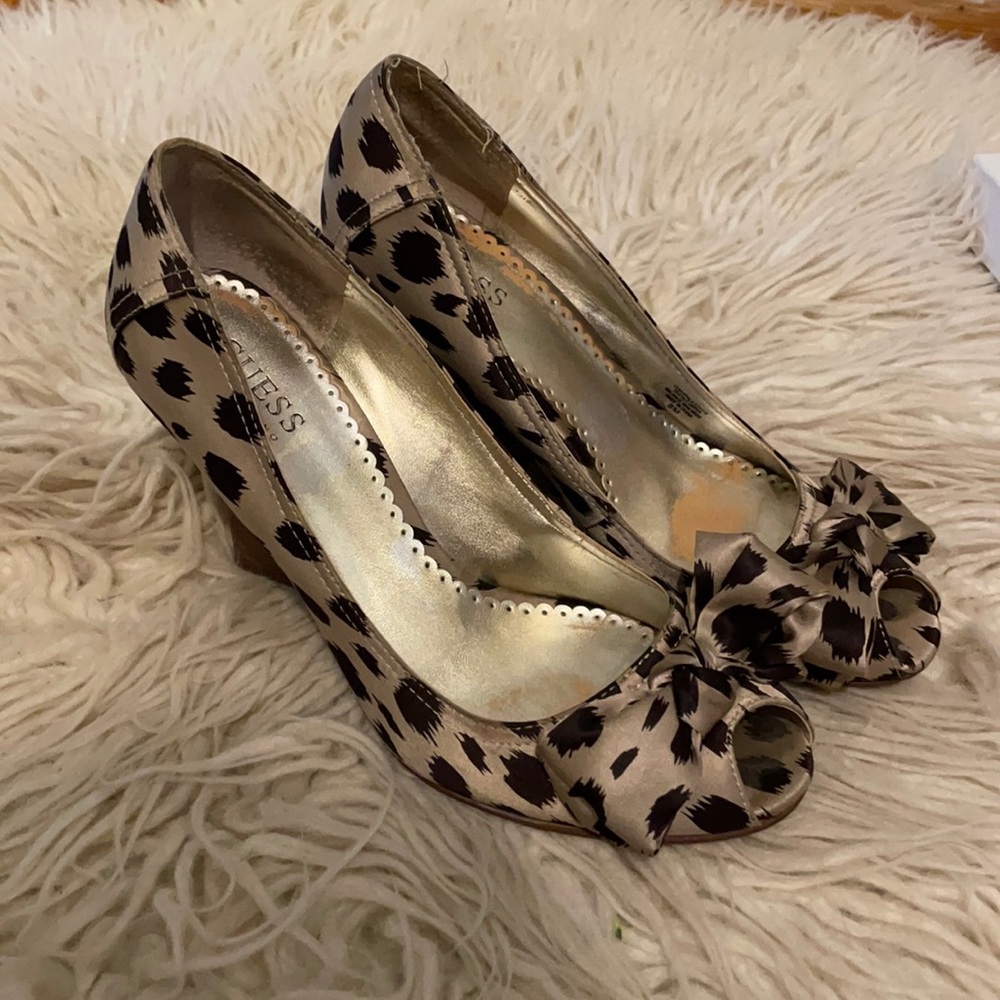 Guess satin animal print wedge heels